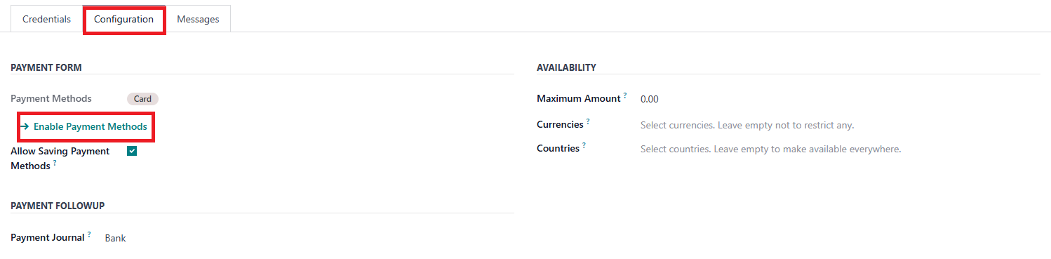 L&rsquo;image montre l&rsquo;onglet Configuration dans l&rsquo;interface Odoo avec l&rsquo;option &laquo; Enable Payment Methods &raquo; mise en &eacute;vidence.