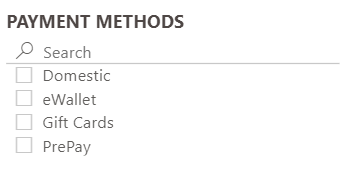 The image above shows a filter panel for selecting payment methods, including Domestic, eWallet, Gift Cards, and PrePay.