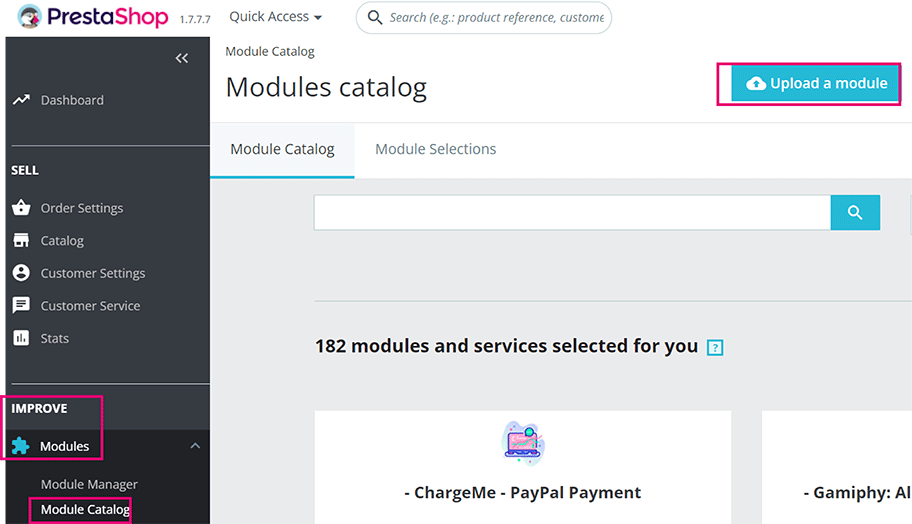 L'image ci-dessus montre l'&eacute;cran du Catalogue de Modules de PrestaShop avec le bouton "T&eacute;l&eacute;charger un module" mis en surbrillance.
