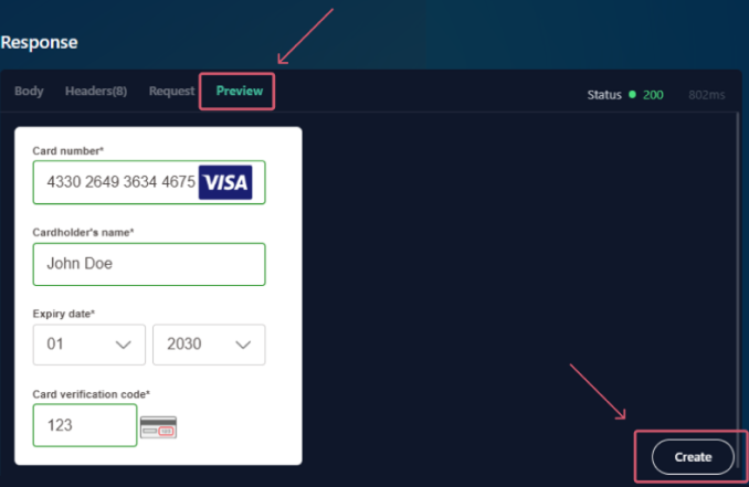 The image shows where to find the "Preview" and "Create" button in the API explorer.