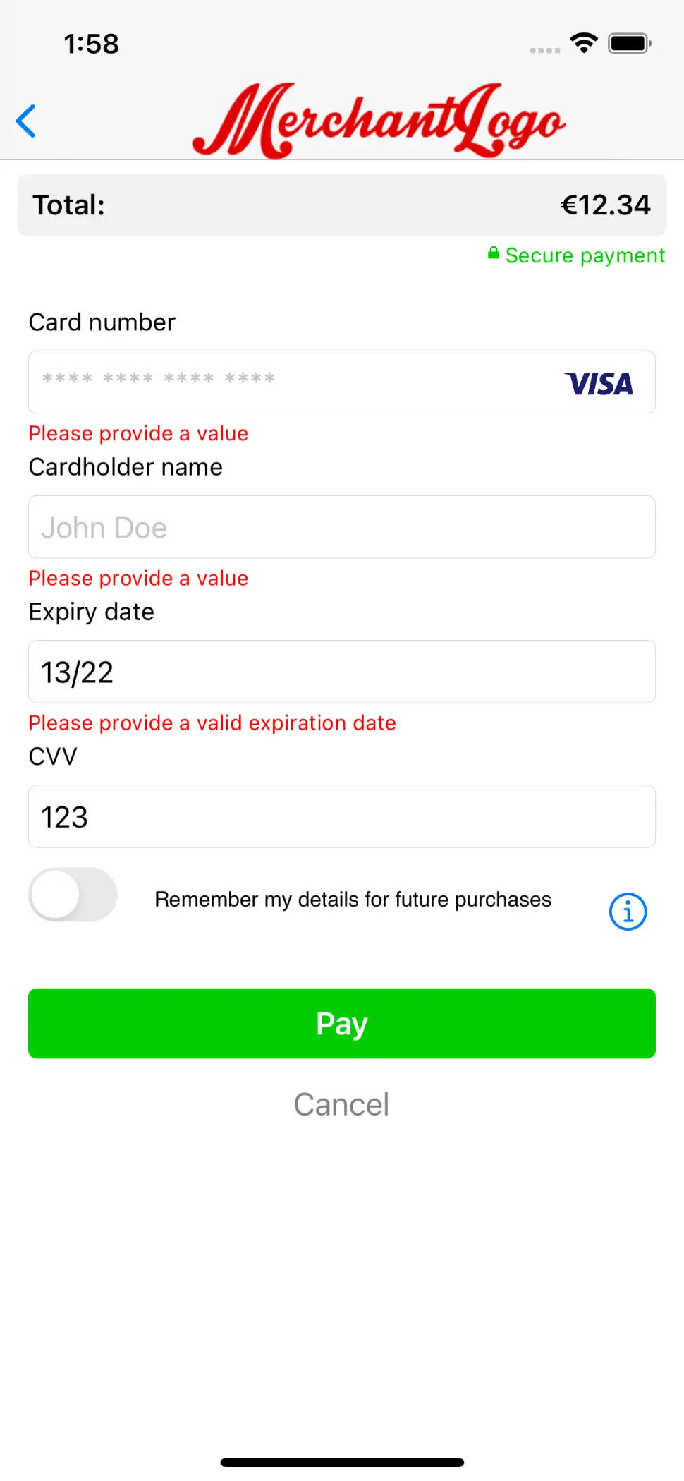 The image above shows the payment product input form screen after validation.