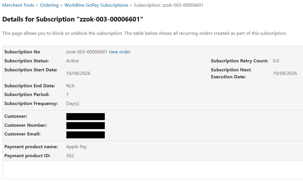 The image shows the subscription details page in the Worldline-Direct Subscriptions module, highlighting the options to block or cancel a subscription.