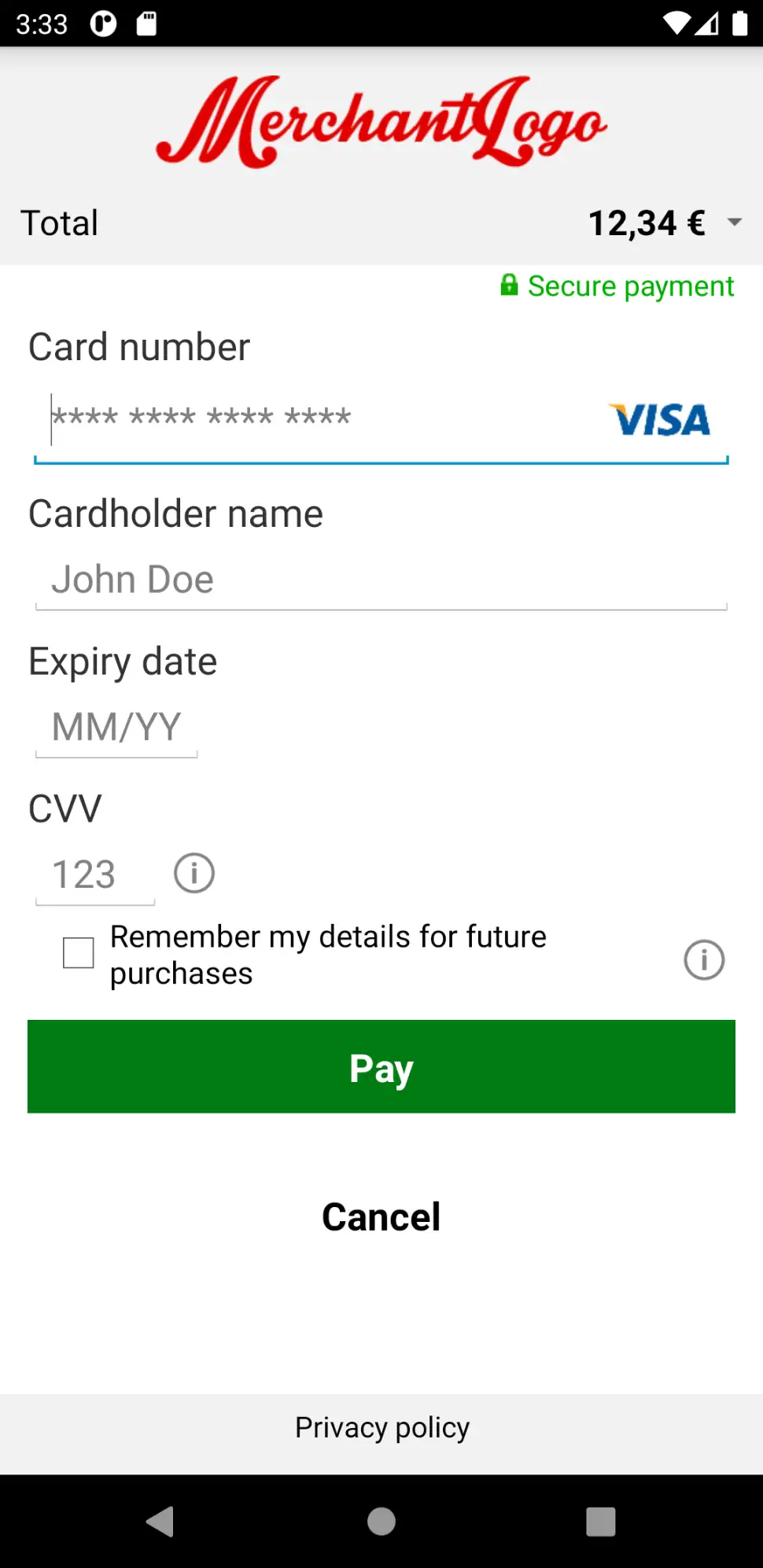 The image above shows the payment product input form screen after validation.