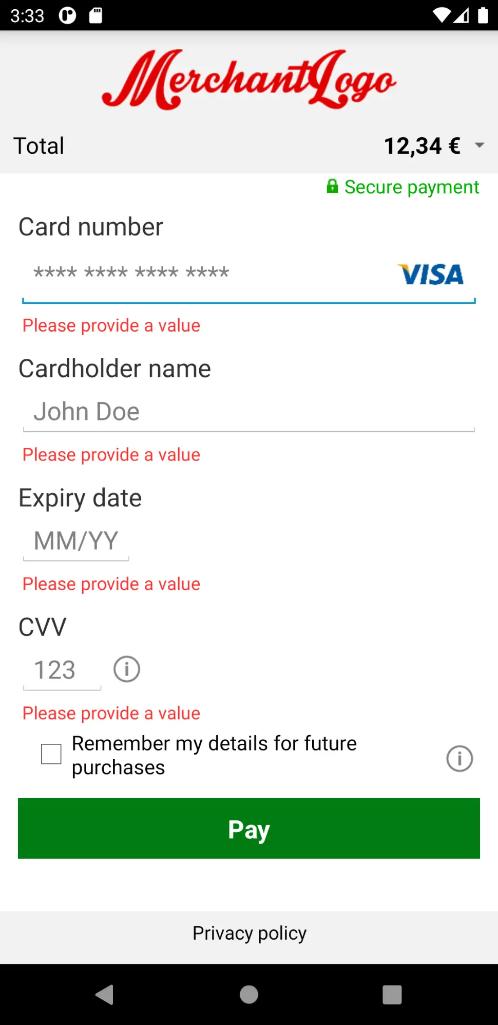 The image above shows the payment product input form screen after validation.