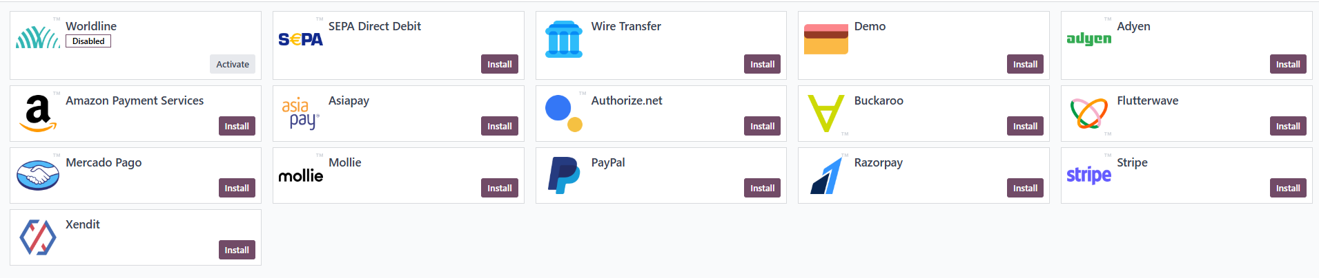 L&rsquo;image montre une grille d&rsquo;options de prestataires de paiement dans Odoo, incluant Worldline, PayPal, Stripe, Adyen et d&rsquo;autres. L&rsquo;option Worldline est marqu&eacute;e &laquo; Active &raquo;, ce qui indique qu&rsquo;elle est d&eacute;j&agrave; activ&eacute;e.