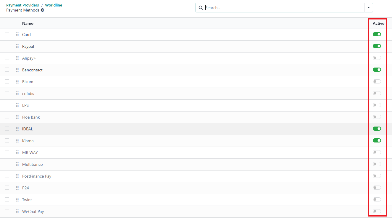 L&rsquo;image montre une liste de moyens de paiement dans l&rsquo;interface Odoo sous &laquo; Payment Providers > Worldline &raquo;. Chaque m&eacute;thode dispose d&rsquo;un interrupteur dans la colonne &laquo; Active &raquo; pour l&rsquo;activer ou la d&eacute;sactiver sur la page de paiement.