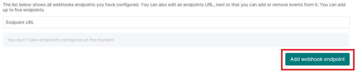 L&rsquo;image montre la section Webhooks dans le portail marchand Worldline, o&ugrave; l&rsquo;utilisateur peut ajouter un point de terminaison webhook. Le bouton &laquo; Add webhook endpoint &raquo; est mis en &eacute;vidence en vert, en bas &agrave; droite de l&rsquo;interface.