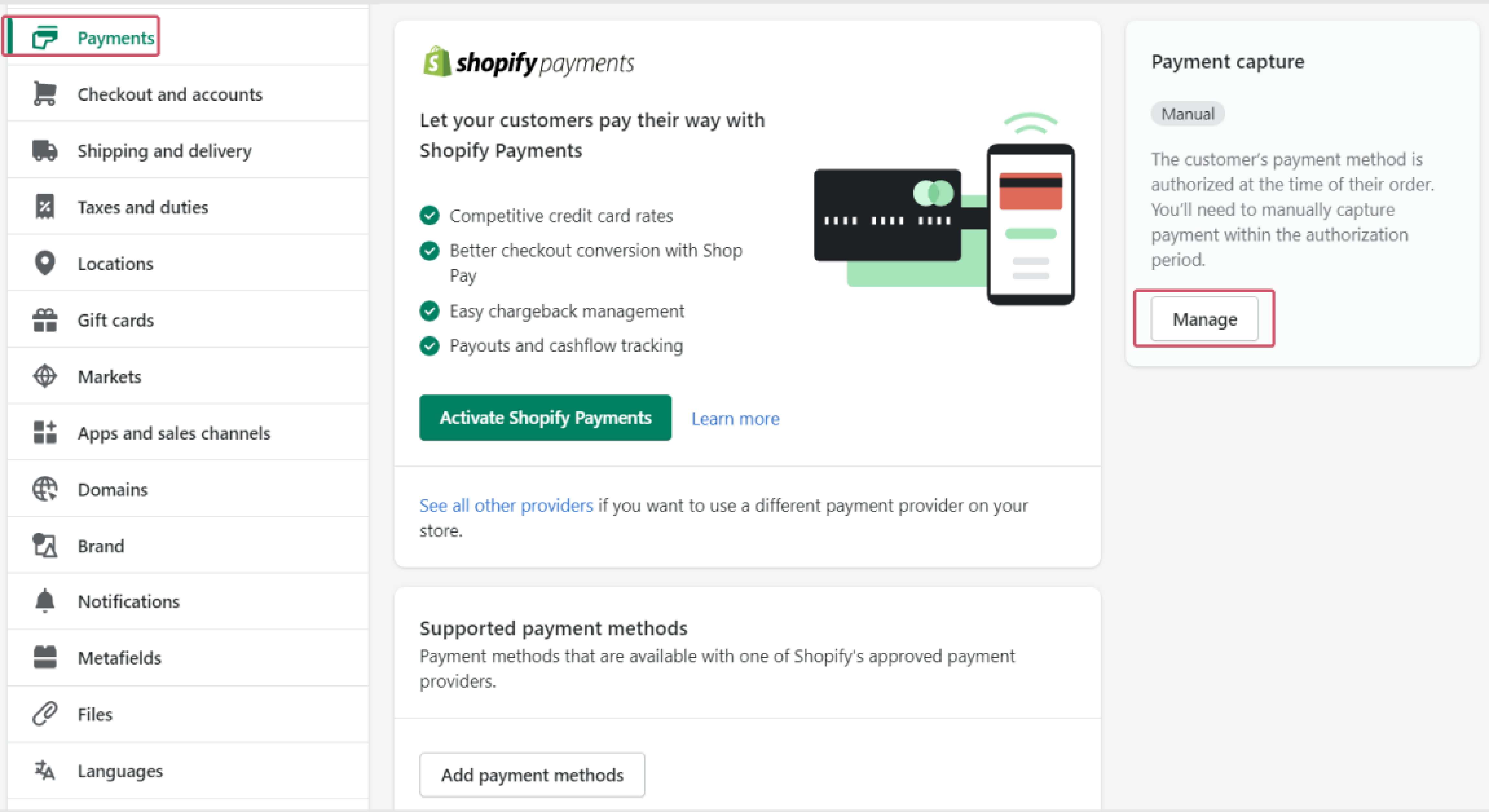 Das Bild oben zeigt, wo der Autorisierungs-/Direktkaufmodus in Shopify Back Office konfiguriert werden muss.